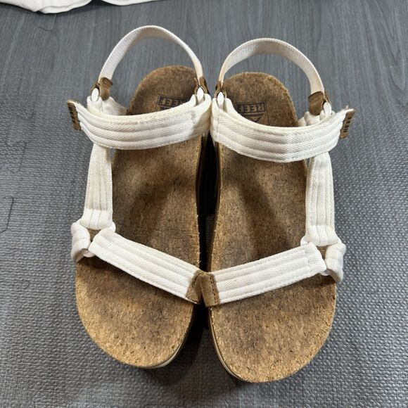 REEF Cushion REM White Fabric Platform Hook & Loop Wedge Sandal Shoes Size 8 - Picture 1 of 6